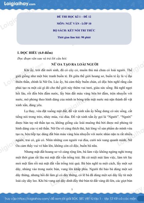 Đề thi học kì 1 Văn 10 Cánh diều - Đề số 12